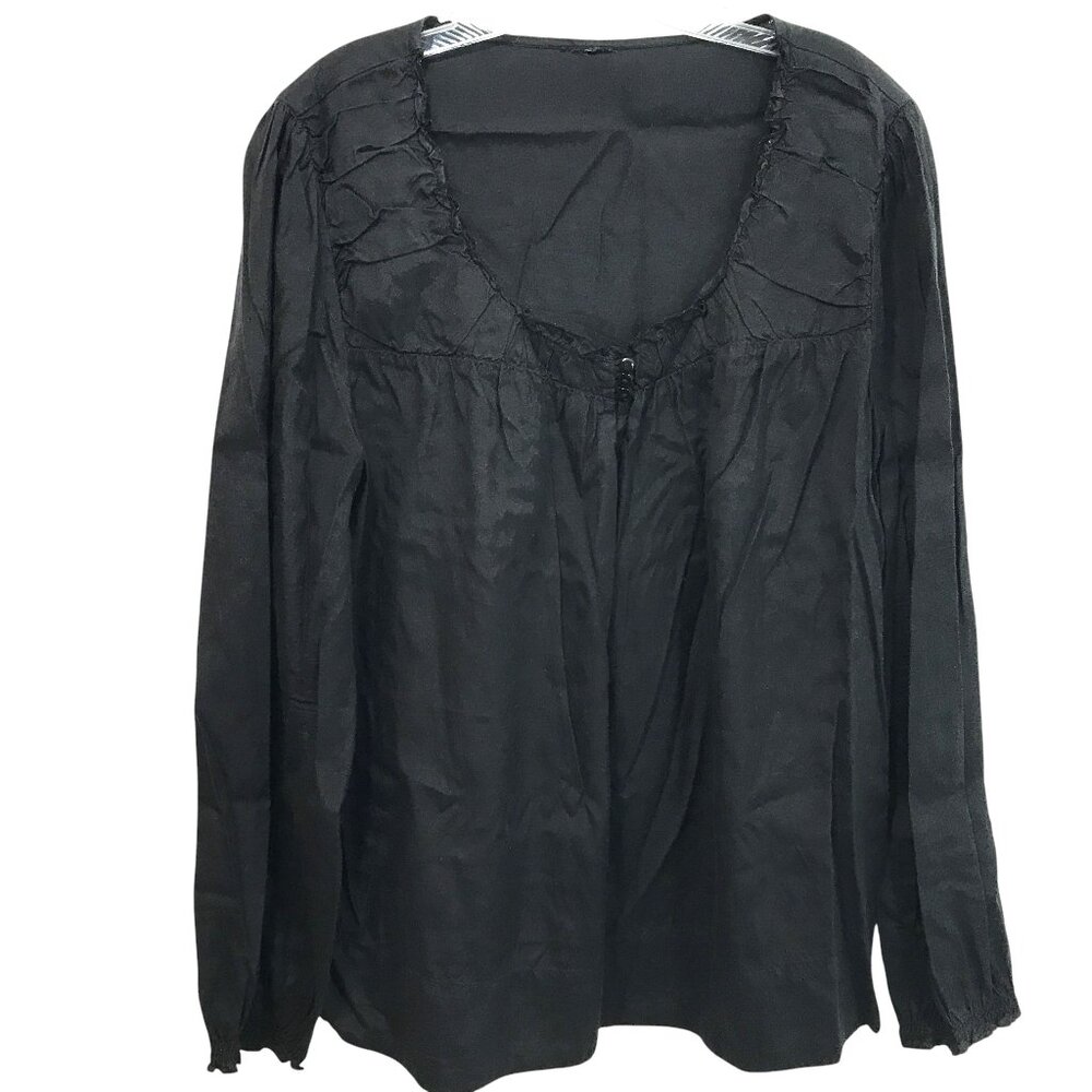 Square Ruffle Neck Lightweight Blouse Linen Blend Black Women Size 1X